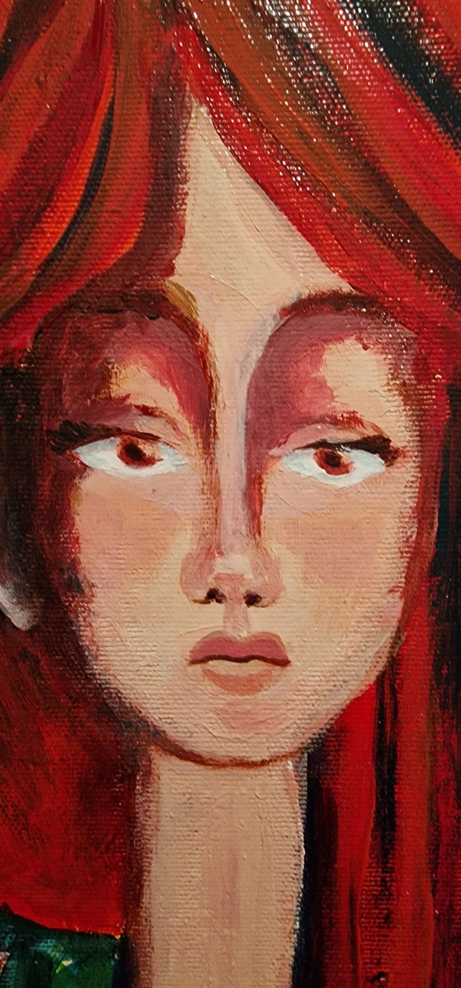 Detalle
La mirada quieta, casi hierática. El rostro concentra la tensión del cuadro: fragilidad, desafío y una cierta distancia emocional frente al relato que tradicionalmente se ha construido sobre ella...