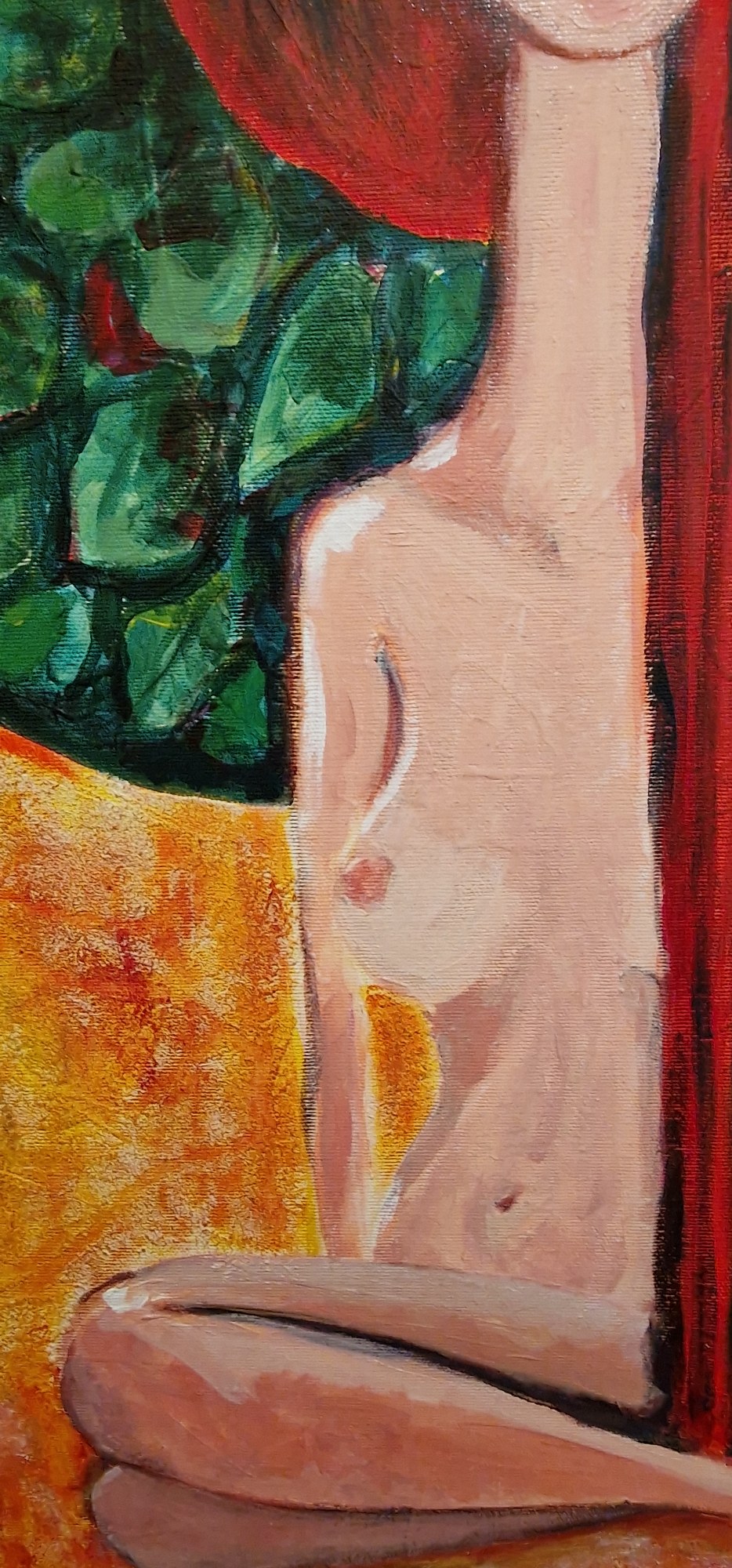 Detalle
Su cuerpo desnudo se integra en el paisaje, ella es la base del arbol del conocimiento, la senda para llegar a él. El contraste con los verdes y amarillos convierten la anatomía en una forma más del jardín.
